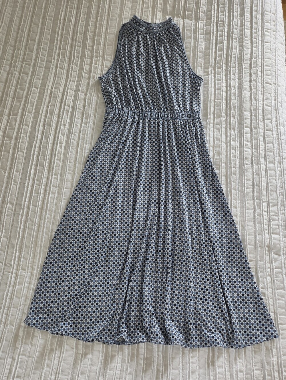 Max Studio Light Blue With White And Black Print Halter Midi Dress (Size L)